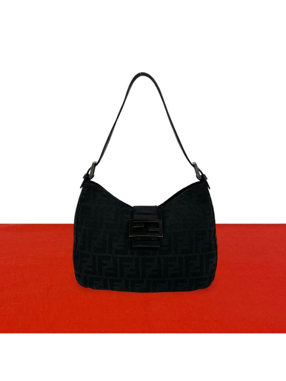 Fendi Zucca FF Logo Pattern Canvas Leather Shoulder Bag Black